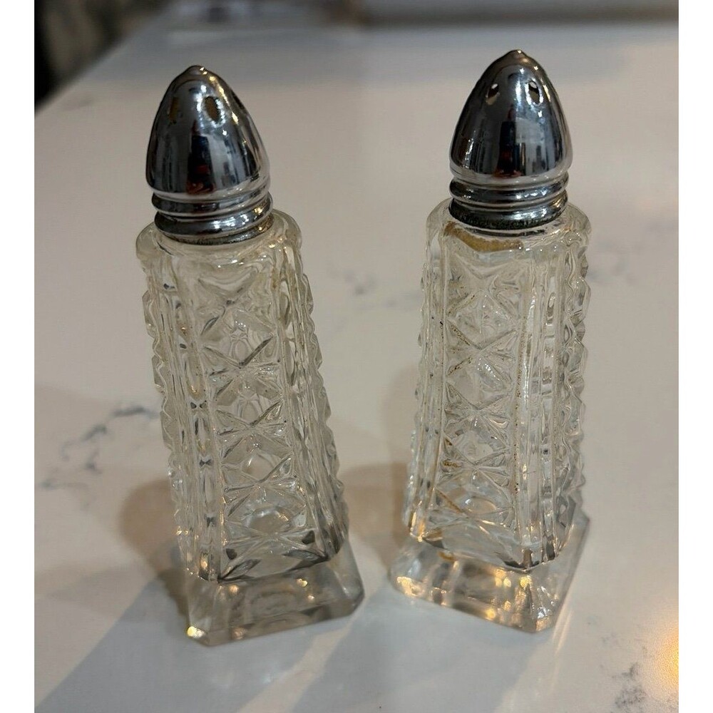 Vintage Cut Glass Salt & Pepper Shakers Silver Tone Tops Square Base